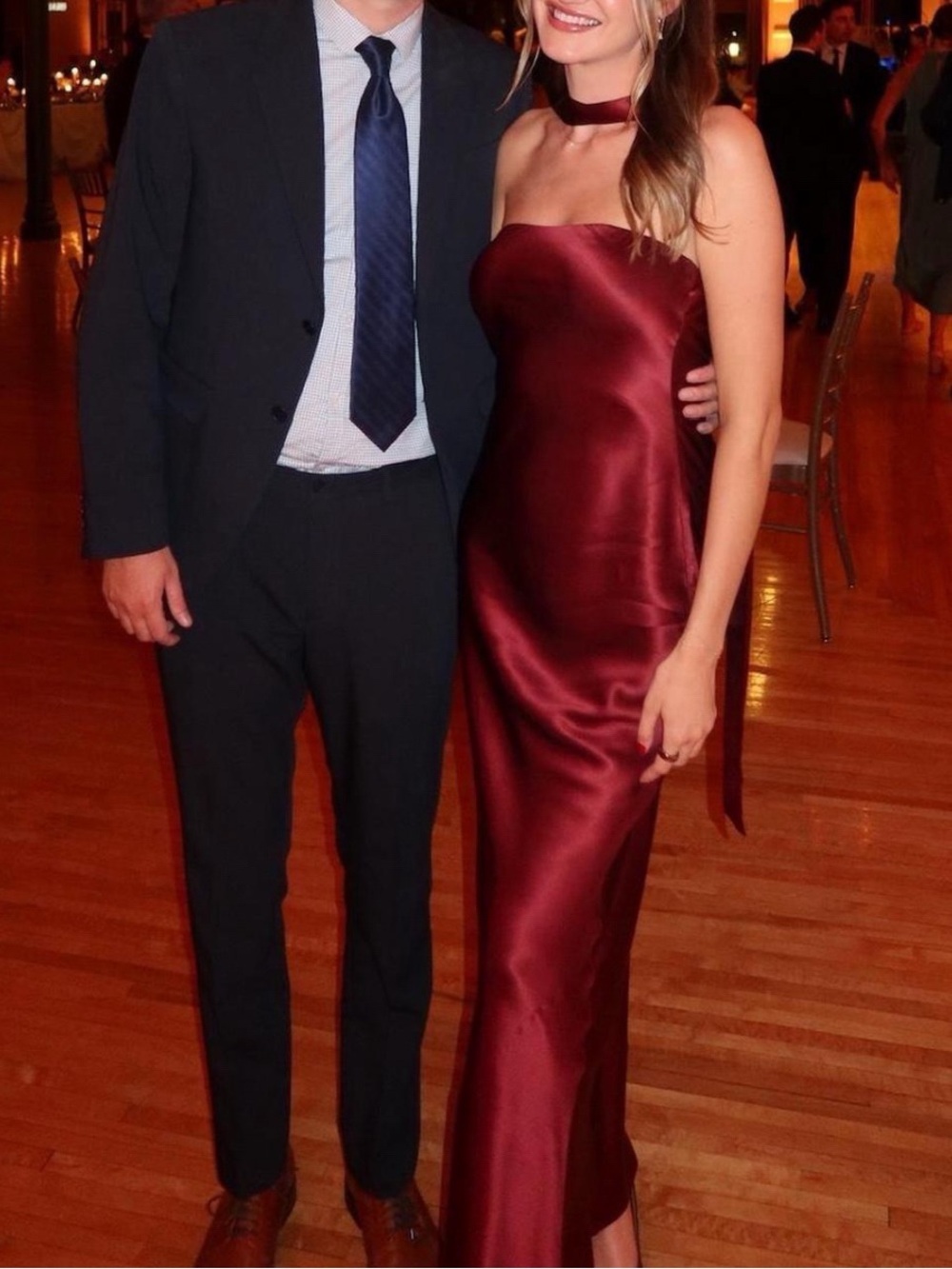 Reformation strapless silk maxi dress with scarf formal wedding guest black tie